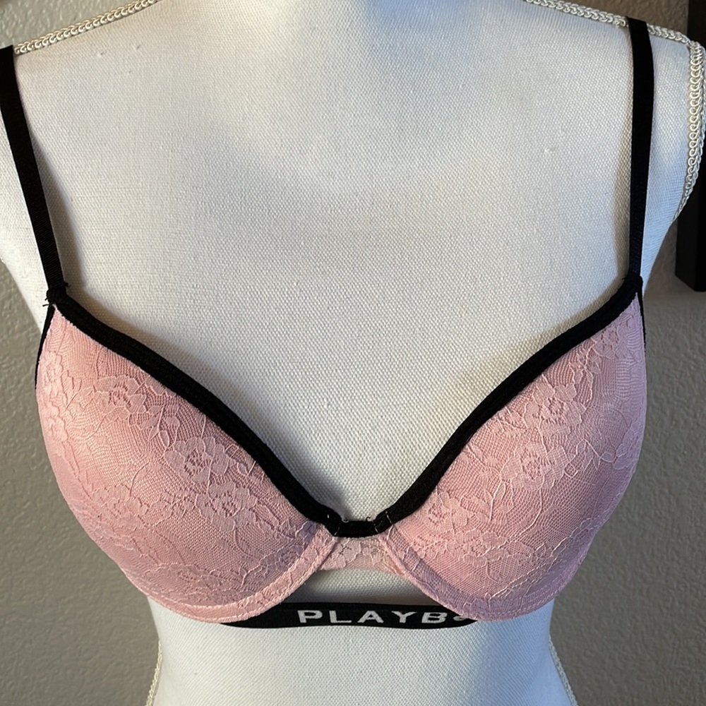 Playboy Bunny Pink Lace Overlay Graphic Underwire Padded Bra
